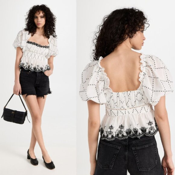 NWT Lug Von Siga Embroidered Scallop Sienna Top Off White and Black Size: 8 - Picture 1 of 8